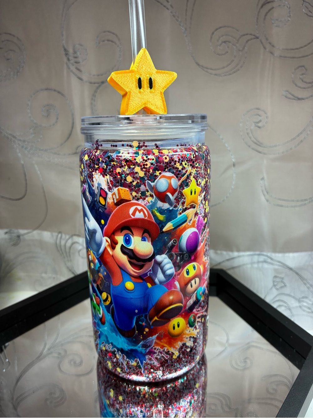 Licensed Mario Glitter Party Tumbler with Yellow Star Straw Topper